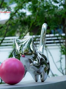 酒店大堂抽象招财不锈钢镜面小猫咪雕塑现代庭院彷真动物艺术摆件
