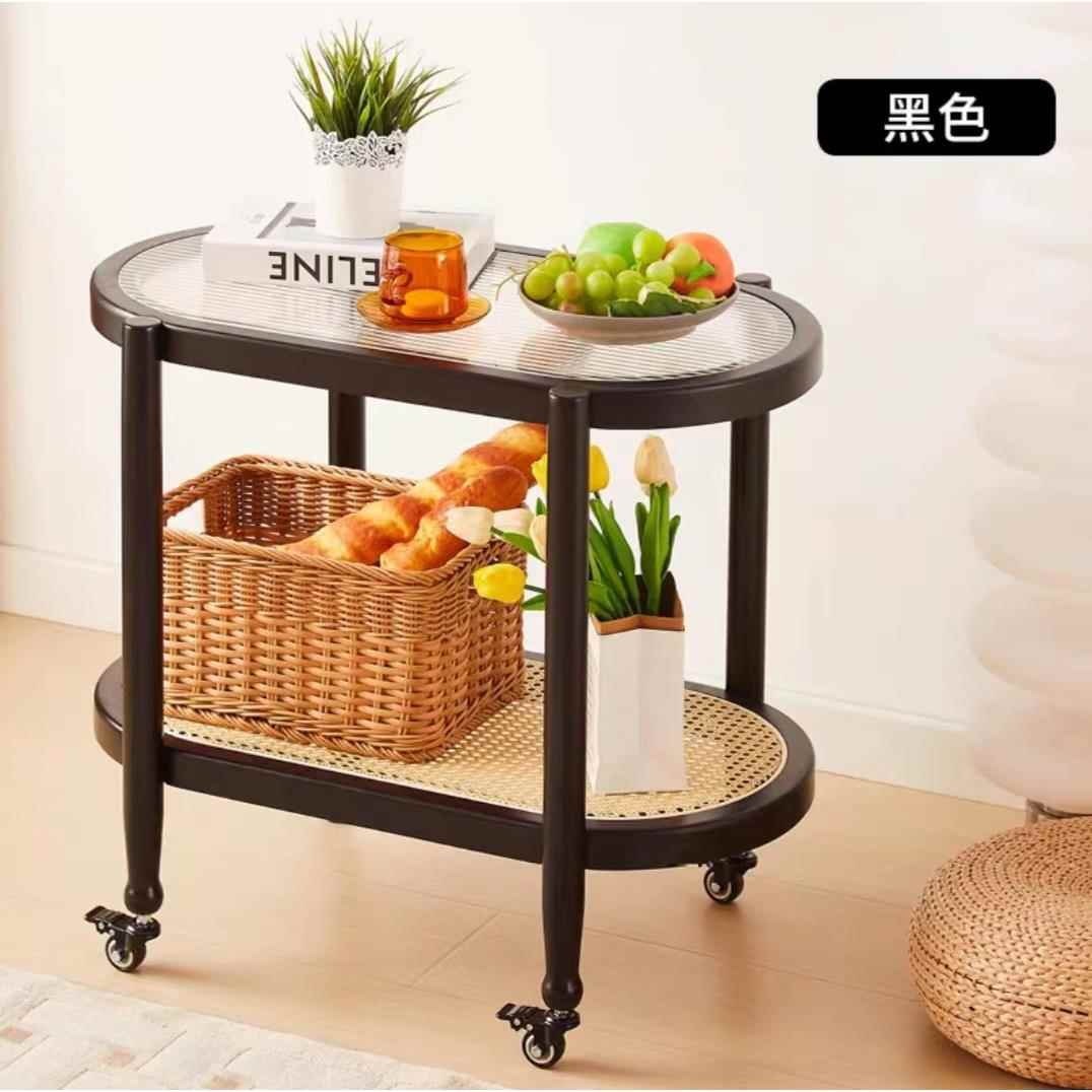 日式可动边几实木桌边柜茶几藤编移动璃移带轮小推玻车藤编置物架