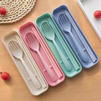 Wheat straw tableware set including chopsticks, fork, and sp