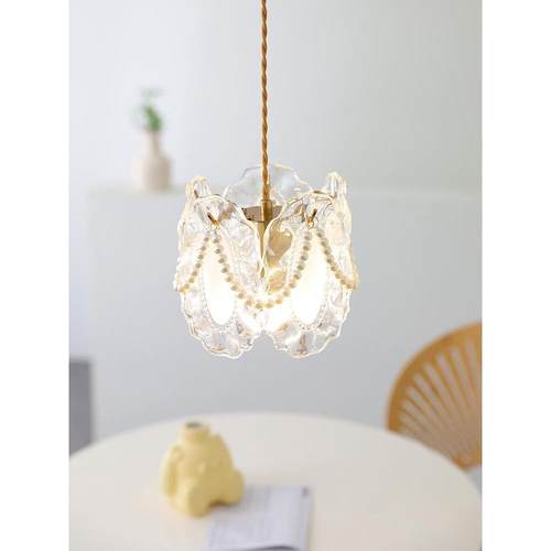 代547水晶吊灯奶油风计感珍珠设法式灯具现约温馨浪简漫卧室床头