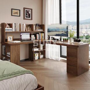 sunx全实木转角书桌书柜书架一体组合 卧室角落拐角L型儿童学习桌