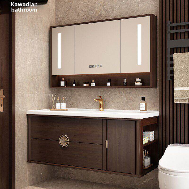 新型中式橡木浴室柜组合陶瓷集成盆智能实木浴室水槽洗脸盆