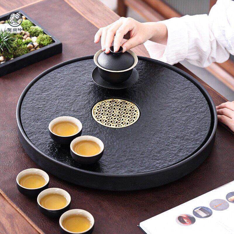 中式底蕴手工精制特大陶瓷天然乌金石茶盘储排水两用式现代简约家