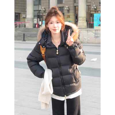 黑色羽绒棉服女款2025新款冬季加厚保暖显瘦百搭毛领情侣棉袄外套