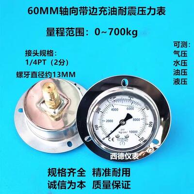 YN-60ZT耐震压力表 60MM背式带边0~700KG充油耐震高压压力表