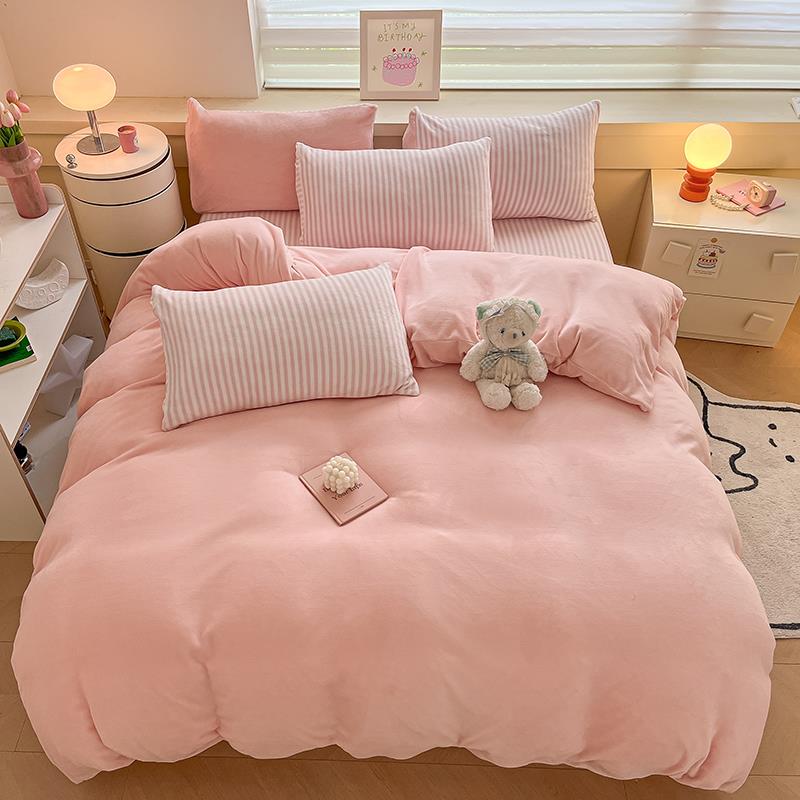 正品in绒风桔橙色混搭牛笠奶绒s四件套床单珊瑚绒法兰绒双面被套