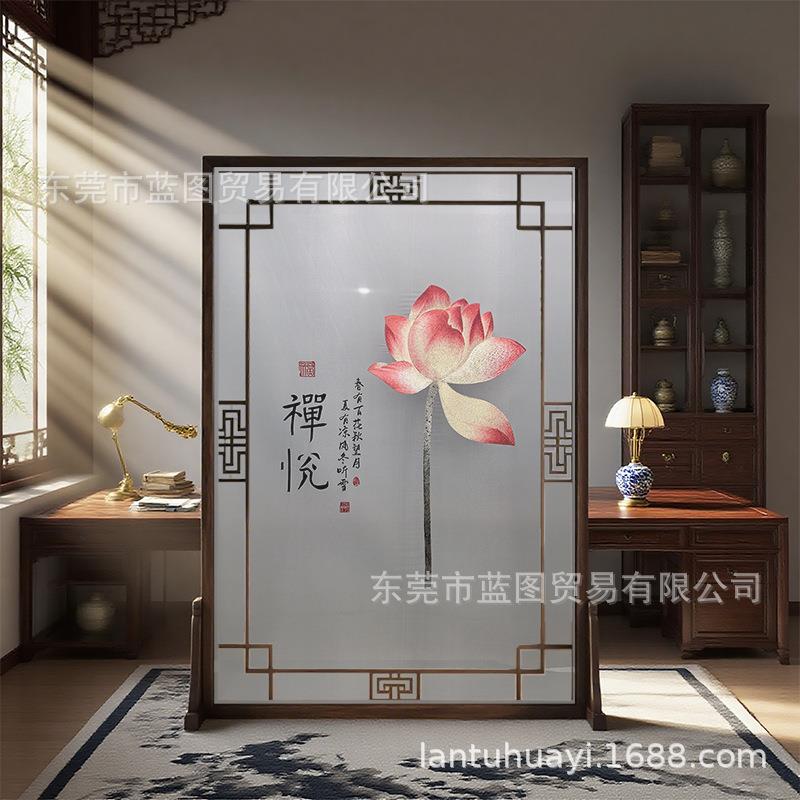 半透明纱布真丝书房茶室入户玄关隔断禅意荷花单双面刺绣实木屏风