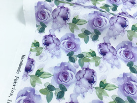 白底水彩风紫色玫瑰数码印花全棉布 diy手工儿童连衣裙旗袍口金包