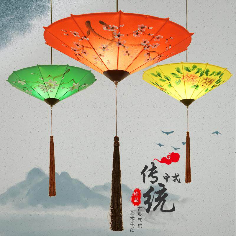 新中式布艺雨伞灯手绘仿古日式中国风古典饭店民宿茶楼火锅店吊灯