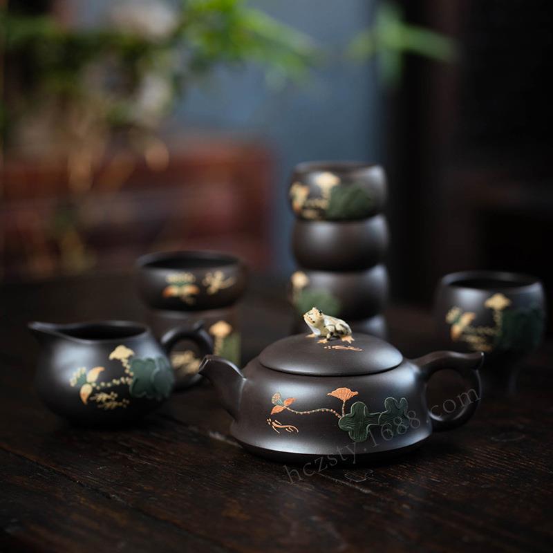 宜兴紫砂壶复古荷塘月色黑朱泥荷叶青蛙手工泥绘大口茶壶茶具套装