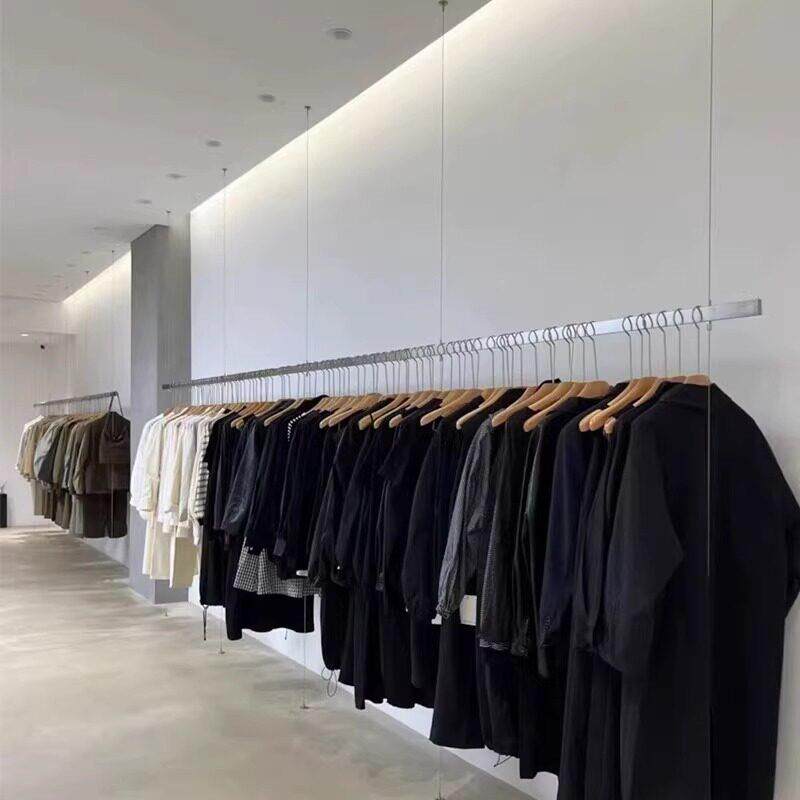 服装店展示架不锈钢拉丝银色吊架方管挂衣杆女装橱窗悬吊式天花板