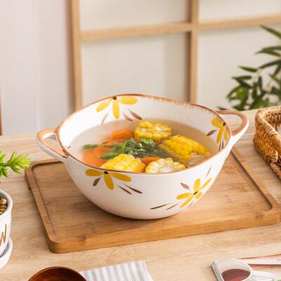 Floral Soup Bowl Ceramic Double Ear Capacity Salad Bowl