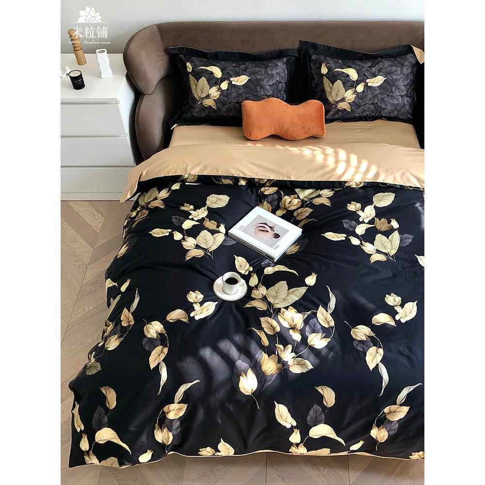 高档新品黑金全60支棉长绒棉四床件套田园印花裸睡纯床单被套上用