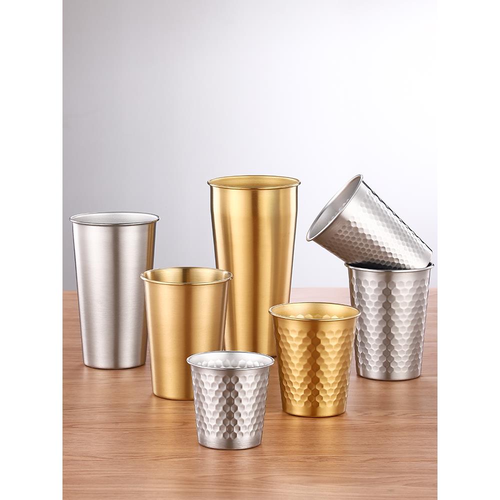 韩式304不锈钢啤酒杯单层锤纹水杯冷饮果汁杯烤肉餐厅茶杯露营杯