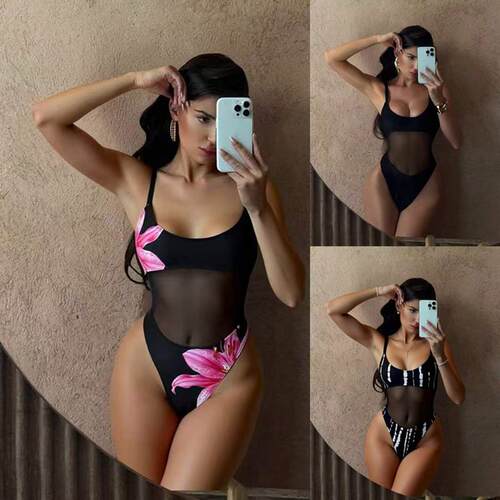 Women'S Strappy Solid Color Net Splicing Hollow One-Piece