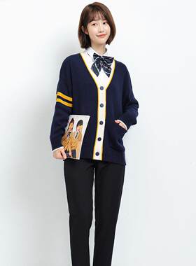幼儿园教师园服套装春秋季针织开衫三件套早教托幼老师工作服外套