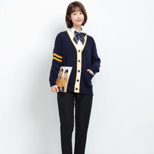 幼儿园教师园服套装春秋季针织开衫三件套早教托幼老师工作服外套