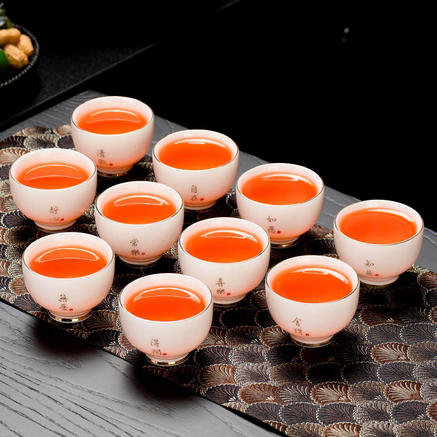 中式小清新羊脂玉陶瓷茶杯6个装白瓷手工茶具套装家用