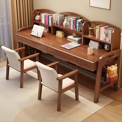 童书桌AAN书架生合一体实组木双人学习桌儿家用卧室中小学写字桌