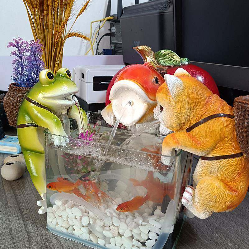 创意可爱猫咪青蛙吐水流水鱼缸水循环造景水族箱缸边悬挂装饰摆饰