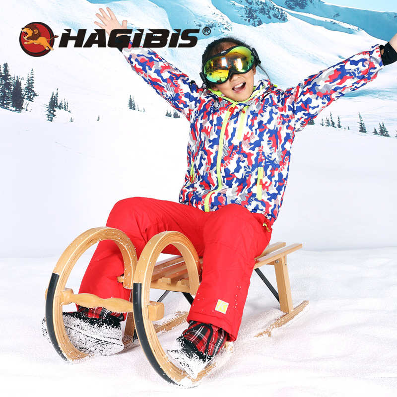 HAGIBIS木制雪撬冰车爬犁木制滑雪板 可折叠带靠背雪场设备爬犁