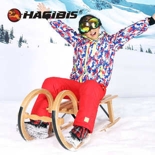 HAGIBIS木制雪撬冰车爬犁木制滑雪板 可折叠带靠背雪场设备爬犁