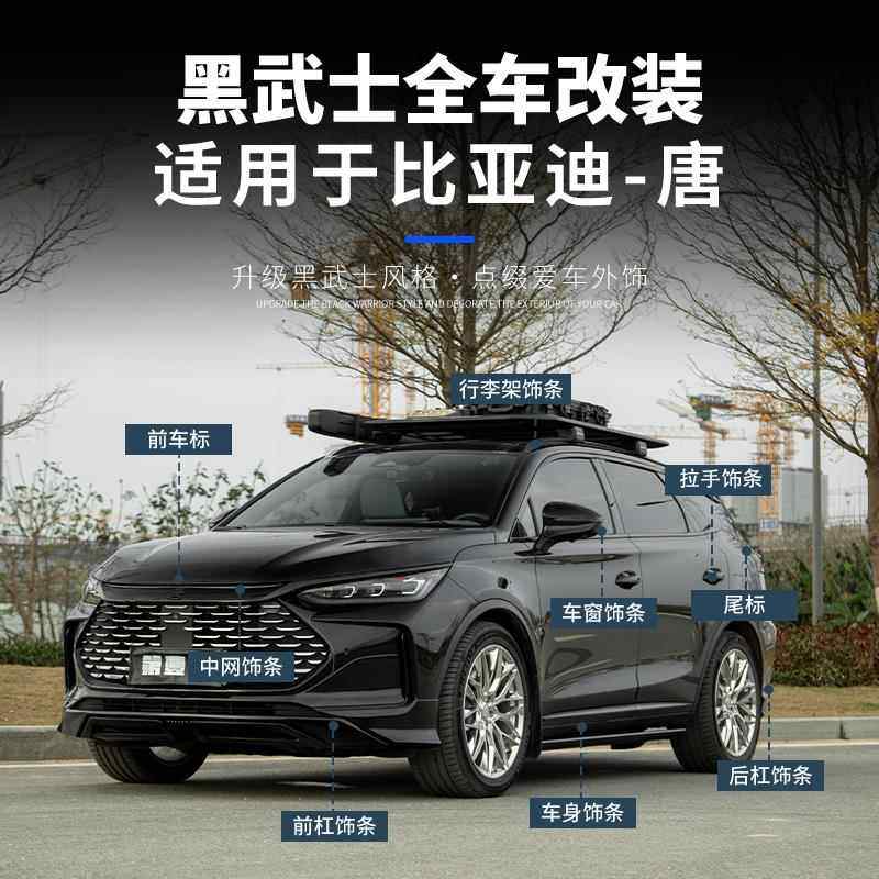 21-25款比亚迪唐黑武士套件改装 车窗饰条行李架中网车标全车黑化