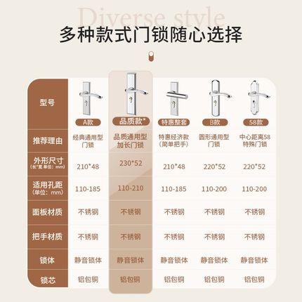门锁家用通用型卧室静音门把手防盗锁芯木门锁体室内门老式不锈钢