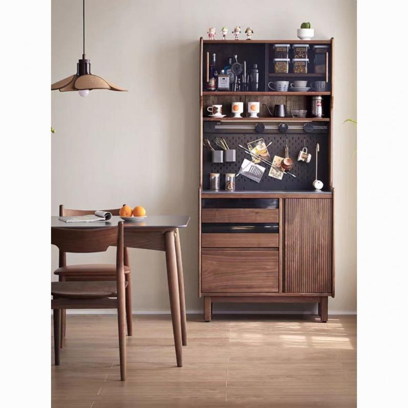 新款实木胡桃色岩板餐边柜小户型卧室客厅整装高柜家用复古储物柜