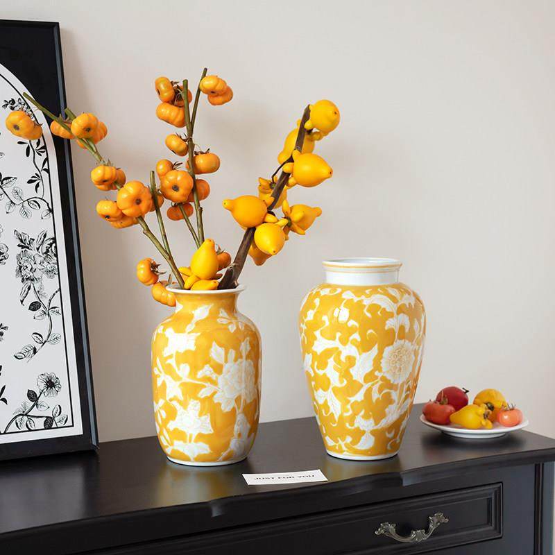 复古陶瓷花瓶新中式仿古黄色手绘青花瓷客厅插花水培餐桌装饰摆件,家居饰品,花瓶,淘宝优惠券,粉丝福利购,淘宝优惠卷