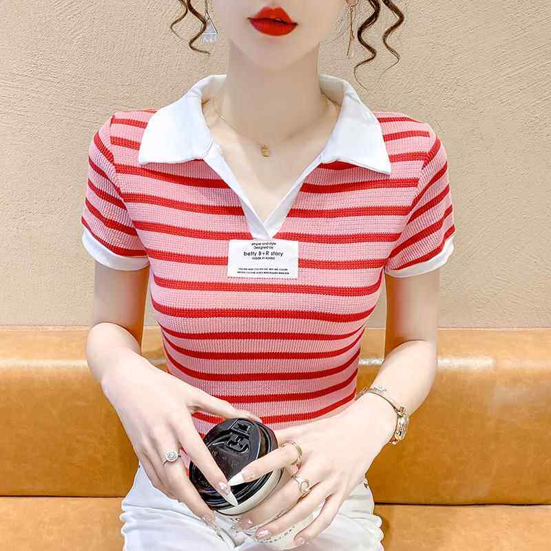 条纹针织短袖T恤女夏季2025新款韩版修身百搭纯棉Polo领半袖上衣