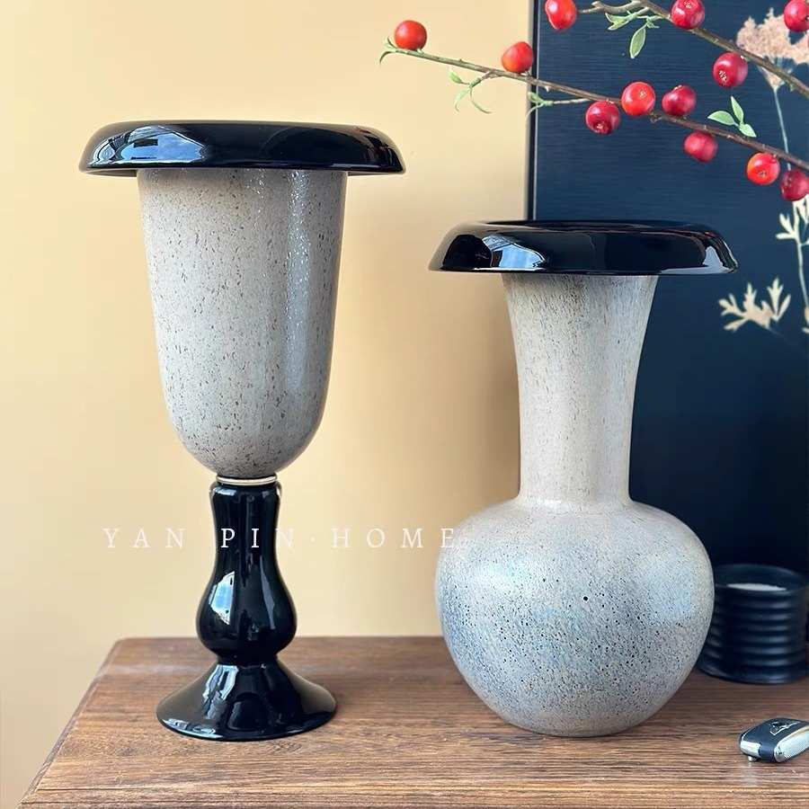 中古花瓶洒银高脚肌理新中式侘寂高级艺术手工琉璃玻璃花器摆件