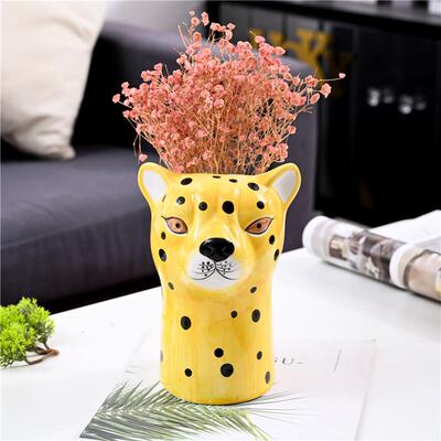 外贸陶瓷工艺品摆件花插家具装饰豹子动物花瓶干草花容器