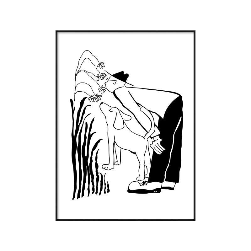 黑白卡通女孩与豹子装饰画客厅书房沙发背景墙挂画儿童房动物壁画图片