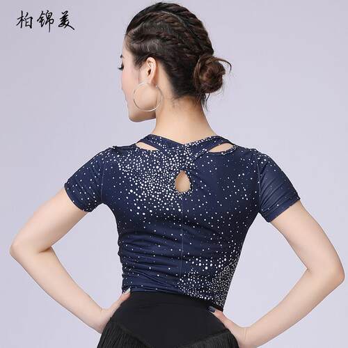 拉丁舞上衣女成人服装新款短袖性感露背比赛训练功服演出摩登舞蹈