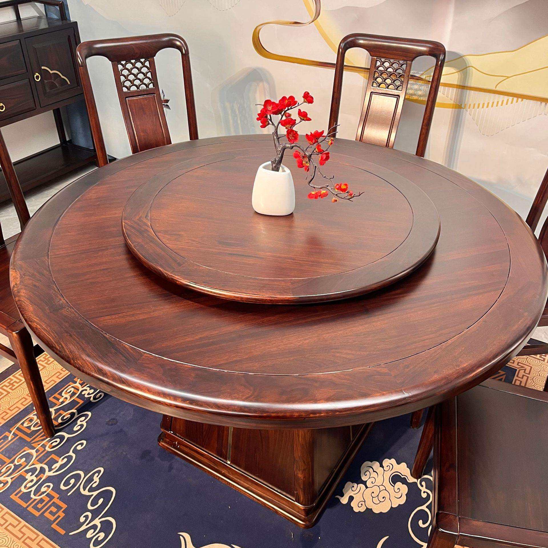 中式金花梨实木餐桌家用圆桌带转盘餐厅大圆台酒店餐桌椅圆形桌子