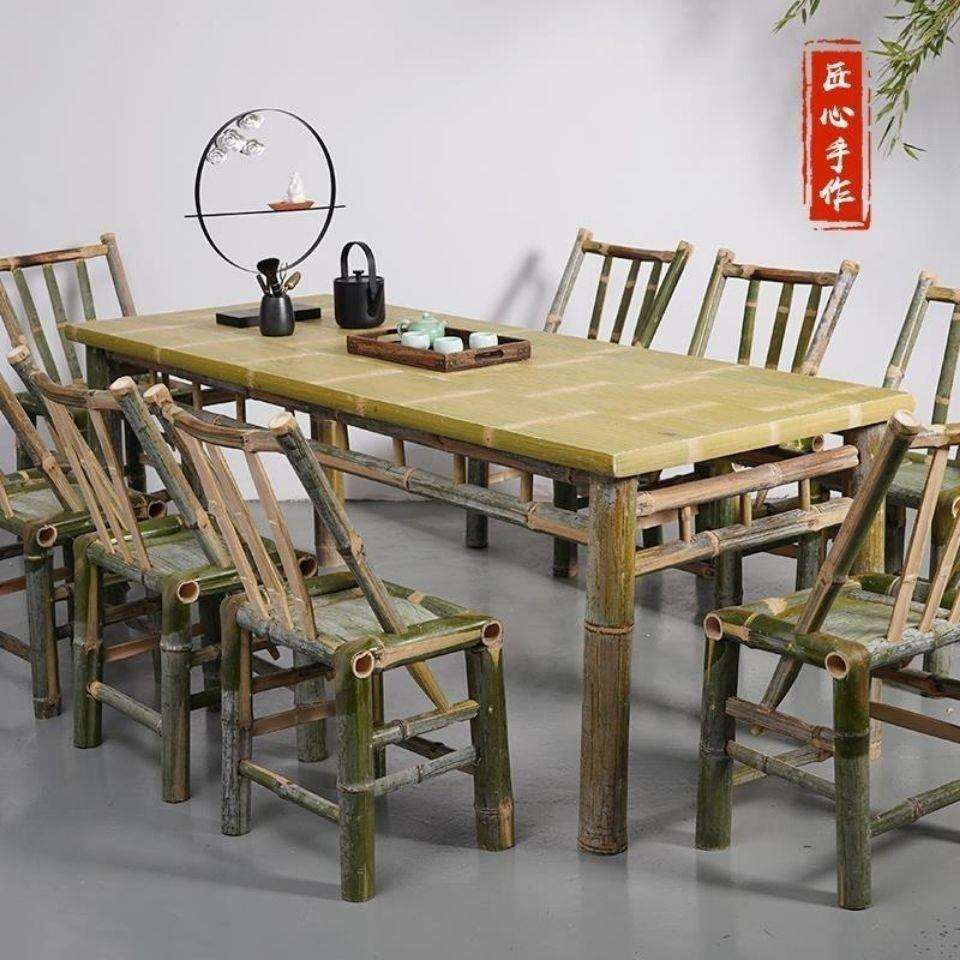 竹子餐桌商用方桌烧烤火锅店饭店复古竹椅子桌子食堂餐厅桌椅组合