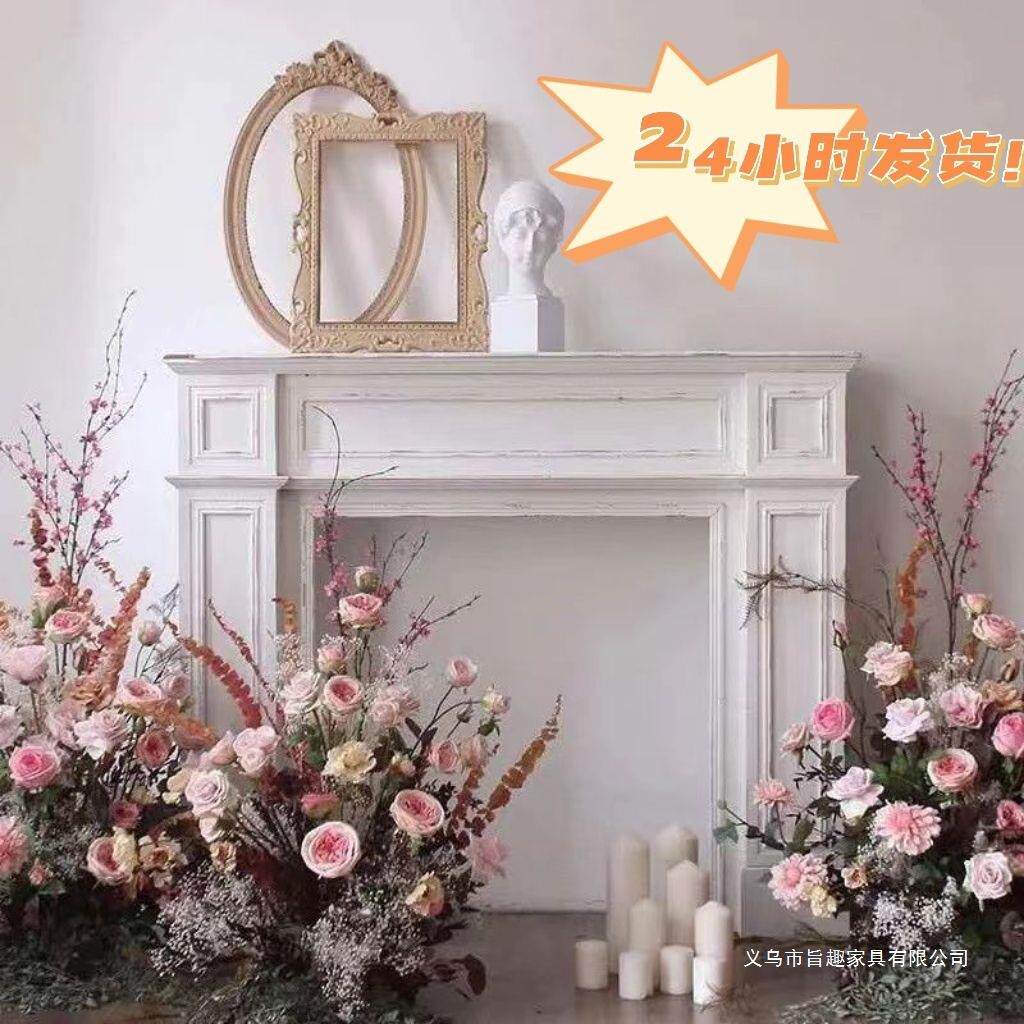 美式复古壁炉架简约做旧原木色装饰柜客厅玄关法式白色柜田园民宿