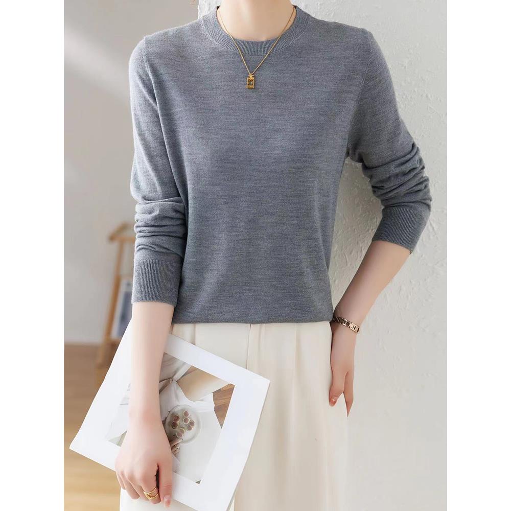 美丽诺精纺超细羊毛衫女100%羊毛春秋薄款毛衣圆领针织内搭打底衫