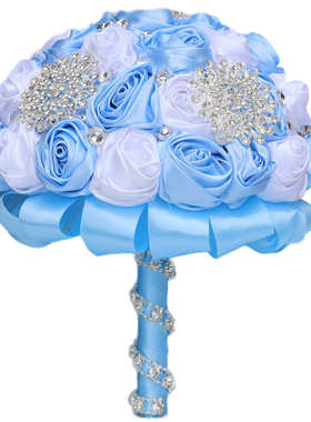 源头货源 现货浅蓝配白色手捧花水钻缎带新娘手捧花捧花W318B