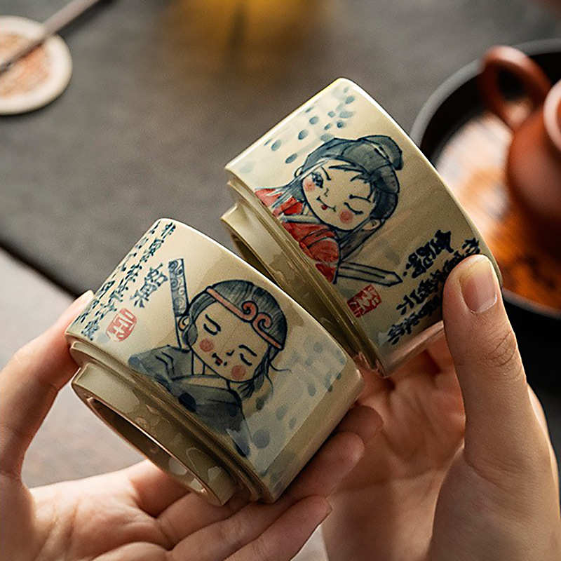 草木灰手绘茶杯个人专用高档功夫茶主人杯情侣款一对陶瓷茶盏套装