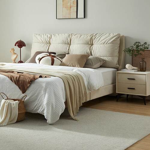 暮云实木床轻奢现代简约双人床架布艺床主卧大床奶油风云