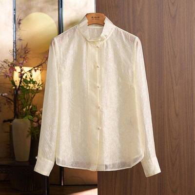 高档轻奢新中式天丝立领盘扣衬衫女士春秋季新款国风宽松长袖上衣