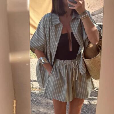 Women's Casual Linen Striped Set Loose Fit Collared Button