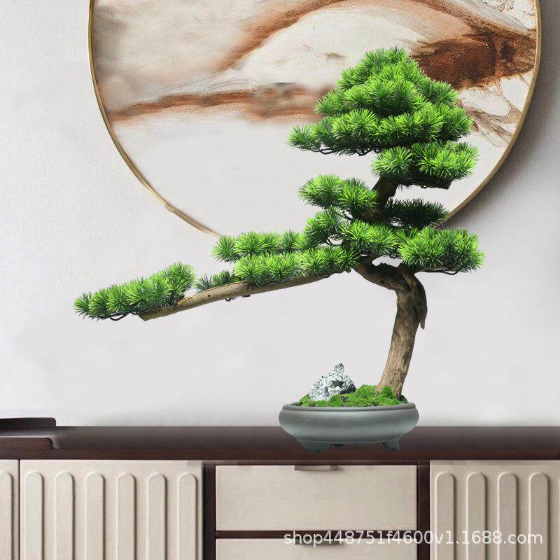 崖板柏盆景仿迎客松植绿盆景摆件造景酒店真装饰仿真树645玄关样