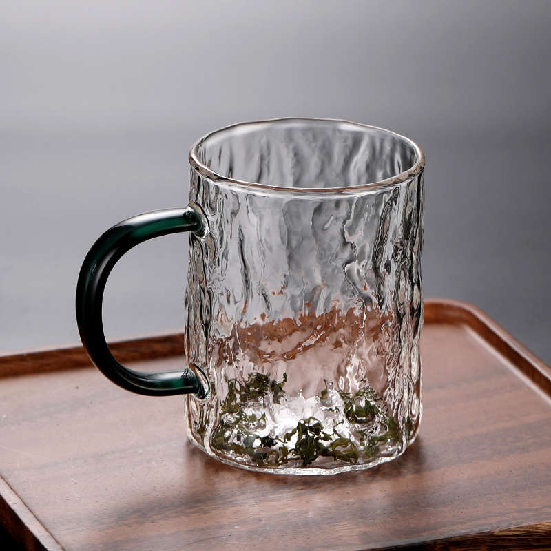 玻璃水杯家用日式冰川纹茶杯耐热带把手喝水的杯子锤纹单层果汁杯