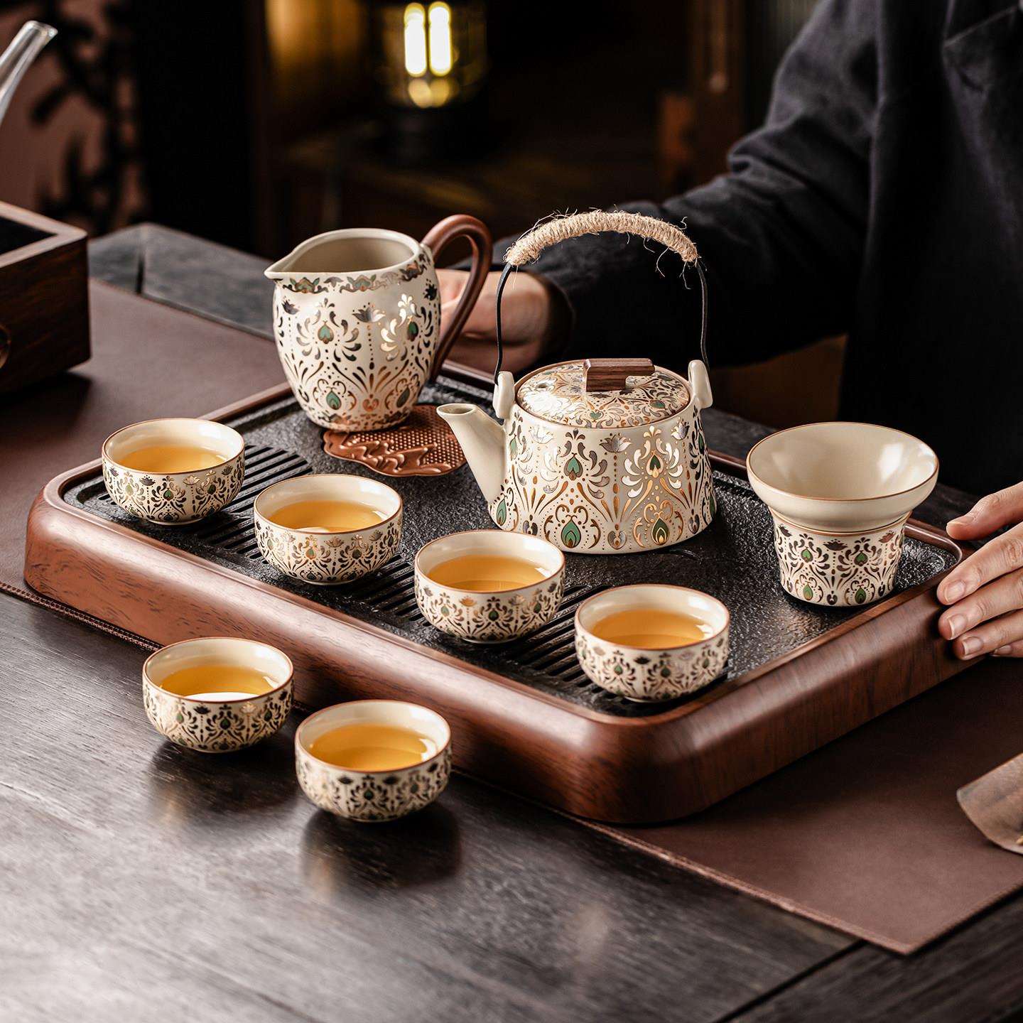 汝窑敦煌功夫茶具套奢装家用轻整高档陶瓷壶泡茶茶杯干泡盘喝汝窑
