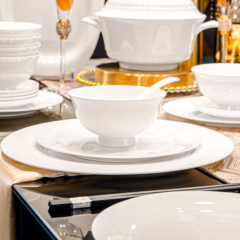 纯白骨瓷面碗10个装中式餐具套装防烫高脚汤碗家用釉下彩陶瓷碗具