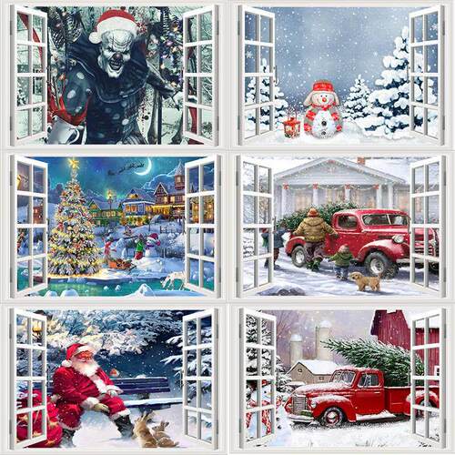 Christmas 3D fake window Santa Claus snowman sticker