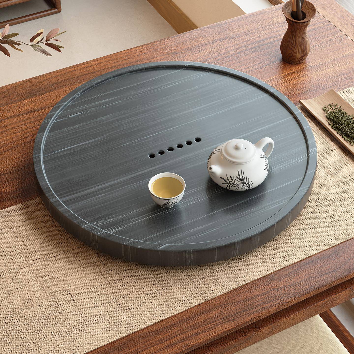 天然乌金石茶盘圆形干泡茶台家用小型圆盘茶盘新款简约30/40/50CM